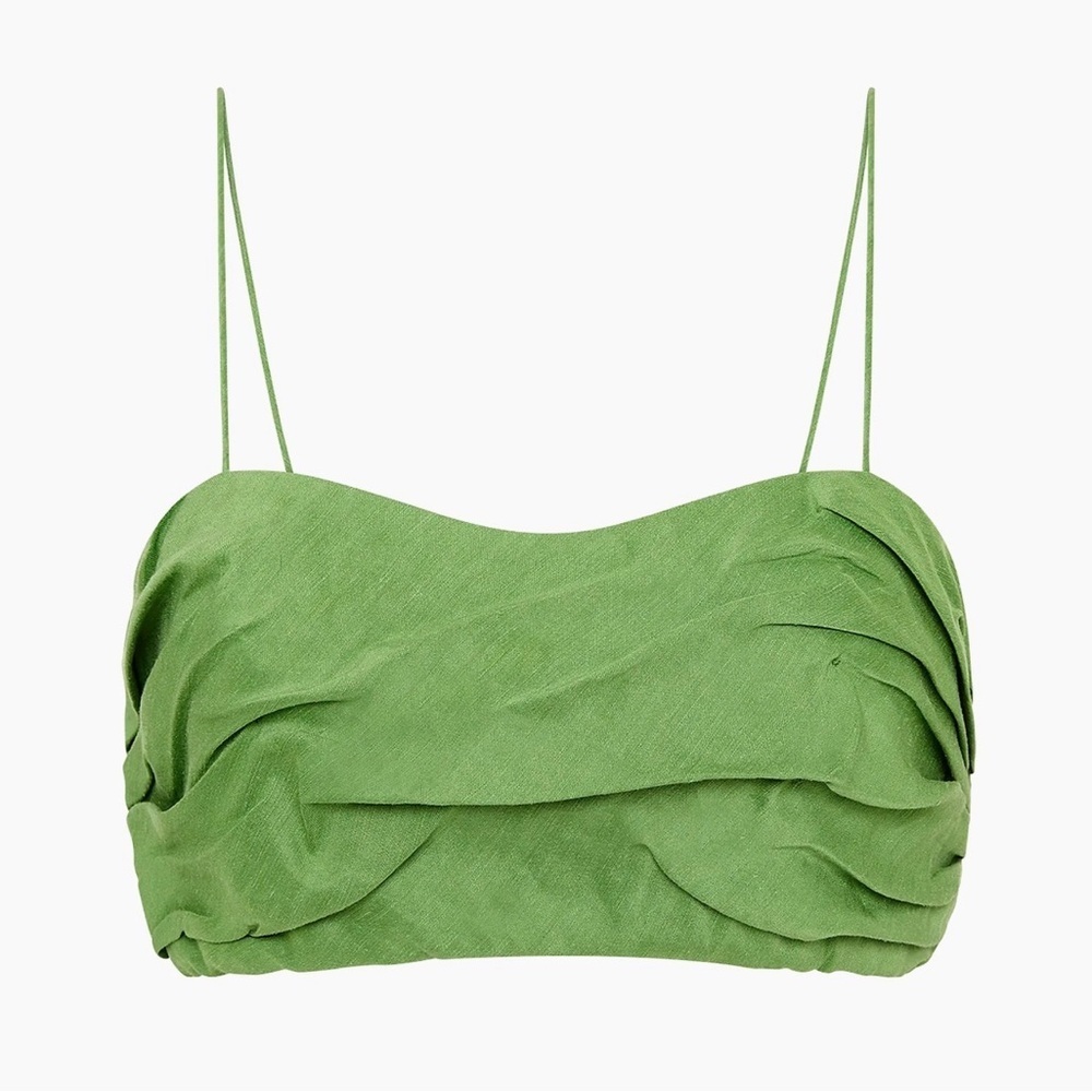 Aje NWT Thea Draped Twist Semi-Stretch Crop Top US Size 8 in Green Linen Blend